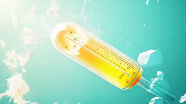 Glass thermometer exploding on turquoise background showing high temperature