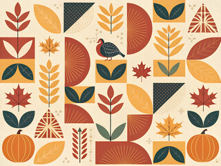 Fototapeta premium Whimsical geometric autumn harvest pattern with turkey and pumpkins