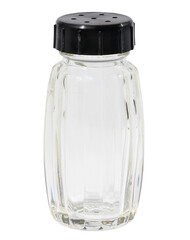 Empty glass salt shaker with black plastic lid, isolated background