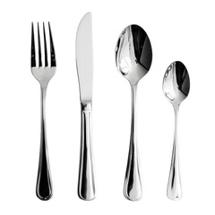 Elegant Cutlery Set Fork Knife Spoon  Polished Silverware isolated on transparent background