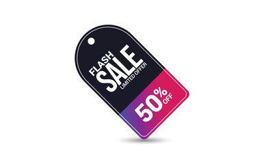 Flash sale 50% off discount tag, hanging label sticker vector for shopping, retail, e-commerce and promotion campaign