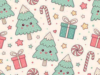 Cute kawaii christmas tree and gift pattern with candy canes and stars