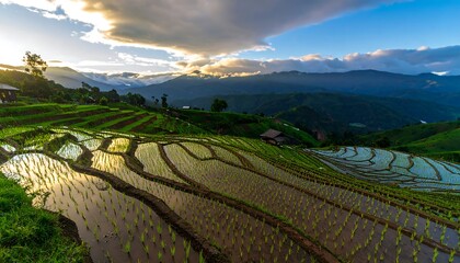 Fototapeta premium Lush terraced rice paddies cascade down a mountainside, bathed in the golden light of a serene sunrise.