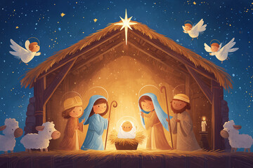 Holy family, shepherds and angels celebrating jesus birth in manger