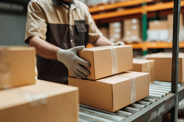 Warehouse worker handling cardboard box on conveyor belt