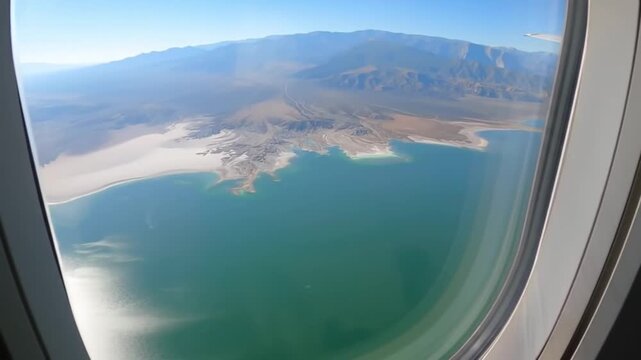 Aerial view from airplane window of mono lake in california, showcasing its unique tufa towers and the surrounding desert landscape on a sunny day