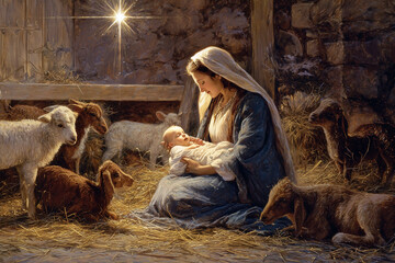 Virgin mary holding baby jesus with lambs and bright star shining in stable
