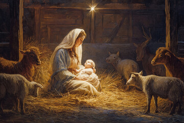 Holy family with baby jesus and animals in stable at night