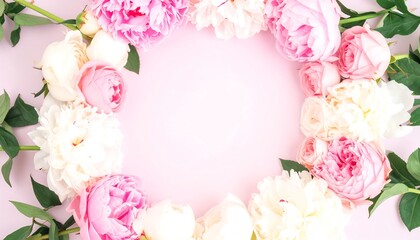 Delicate floral wreath of pink and white peonies and roses, creating a soft, elegant frame against a pastel pink background.