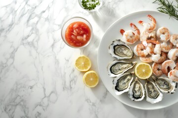 Stylish seafood platter featuring fresh oysters and shrimp, accompanied by lemon wedges and a vibrant cocktail sauce, sits on a marble countertop