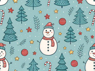 Charming hand drawn christmas snowman and pine tree seamless pattern festive design