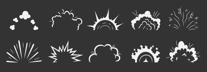 Vector silhouettes of radial explosions, blasts, smoke clouds and bomb effects. Isolated black symbols for comics, games, action design, war themes and dramatic graphic projects.