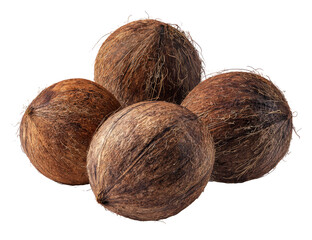 Four whole coconuts clustered together.  A close-up view reveals the rough, textured brown husks
