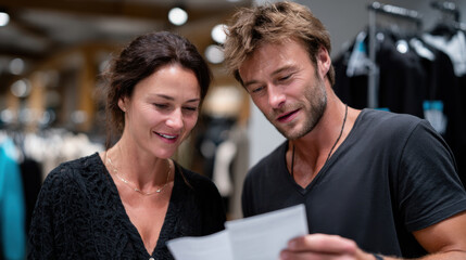 A couple enjoys a light-hearted moment while examining a paper together in a modern clothing store, showcasing their shared interest in fashion and style choices.