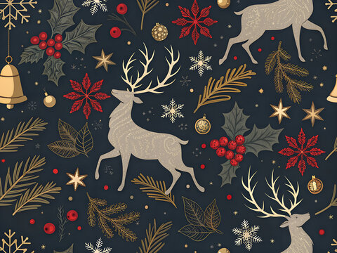 Elegant christmas seamless pattern with reindeer holly pine branches and festive ornaments