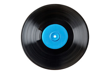Close-up of a vinyl record, dark gray/black with a vibrant blue center label