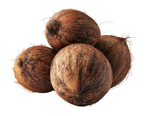 Close-up of four whole coconuts clustered together