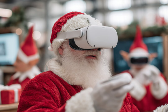 Santa claus wearing virtual reality headset and playing videogames - Powered by Adobe