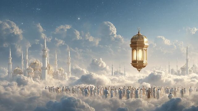 A golden lantern floats over a city of mosques resting on clouds, showcasing a large gathering of people.