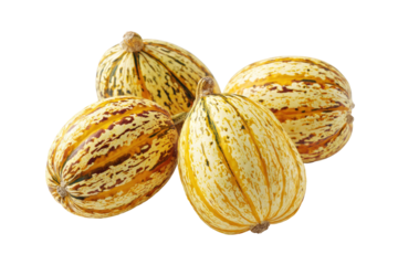 Three colorful, patterned gourds clustered together