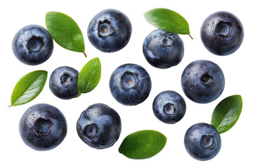 Fresh blueberries, vibrant dark-purple, with green leaves, arranged on black background