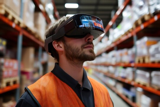 Warehouse worker wearing augmented reality glasses, managing logistics and inventory in a modern storage facility