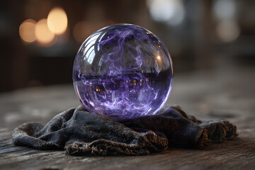 Magic crystal ball with purple smoke for a fortune teller witchcraft and esoteric concept