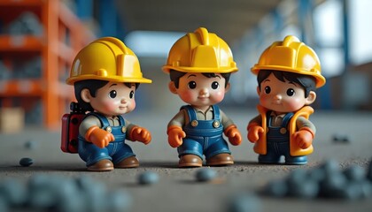 Three figurines of construction workers wearing hard hats and overalls.