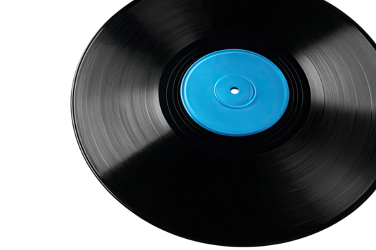Close-up of a black vinyl record with a bright blue label