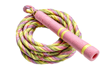 Colorful jump rope, coiled, with pink handles