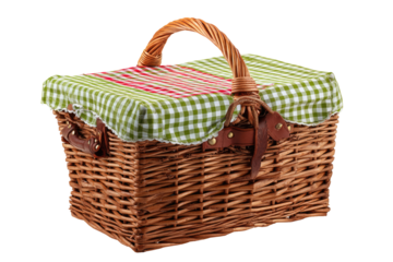 Rectangular wicker picnic basket with a checkered green and red cloth cover.  A wooden handle extends from the top