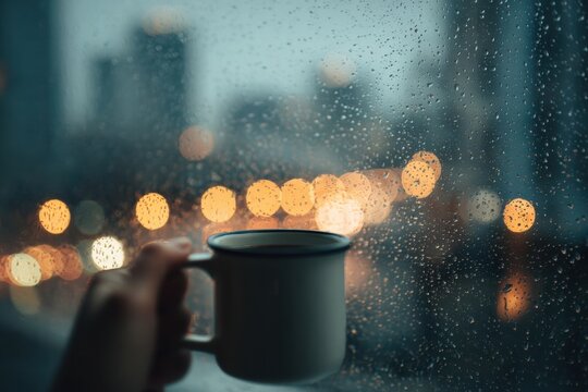 Emaille-Tasse am Fenster mit Blick auf Regen und Stadtlichter
