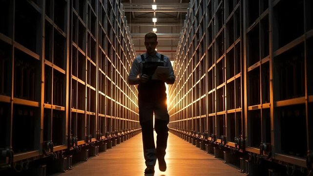 Warehouse Journey: A worker walks down a long, orderly aisle, creating a sense of depth and industry. Illuminated by overhead lights, the setting evokes order and purpose within a storage space.
