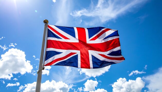 British flag waving in a partly cloudy blue sky