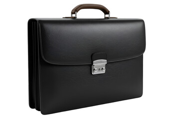 Classic black leather briefcase isolated on transparent background