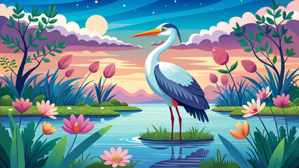 From close view, the stork steps gracefully into shallow water, ripples spreading beneath. Floating blossoms mirror its silhouette, creating a serene, poetic tableau of quiet elegance.