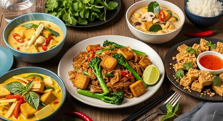 Variety of Thai tofu dishes with spicy curries, stir fry noodles, and traditional flavors
