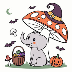 Playful Happy Elephant design, styled with under a mushroom and Spooky Fun shades in a Halloween setting