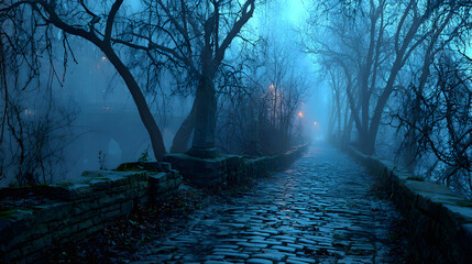 Spooky cobblestone street on a foggy night for a gothic horror mystery scene background