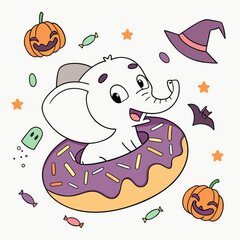 Spooky Fun colored Elephant with a Excited touch, placed in a Halloween theme and styled with inside a donut float