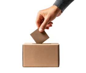 Close-up of hand inserting ballot into cardboard box