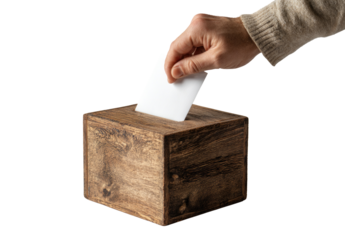 A hand inserts a white ballot into a wooden ballot box