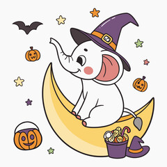 Vector illustration of a Cheerful Elephant with sitting on a moon, styled in a Halloween theme using Spooky Fun colors