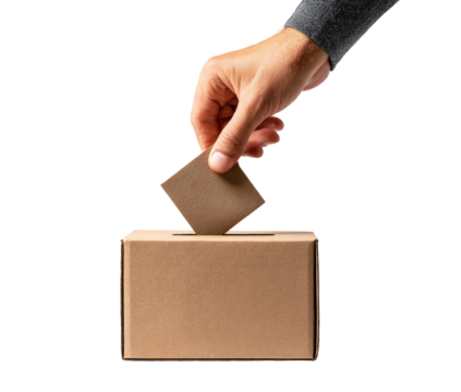 Close-up of hand inserting ballot into cardboard box
