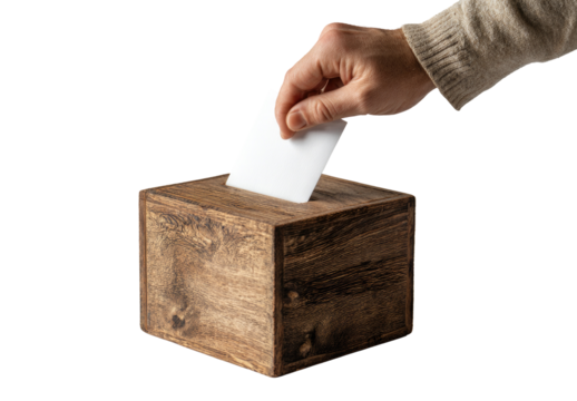 A hand inserts a white ballot into a wooden ballot box