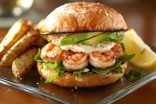 Gourmet seafood burger with grilled shrimps, avocado slices, sauce and arugula, served on a transparent plate with potato wedges and lemon - Powered by Adobe