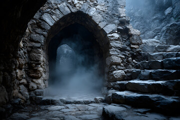 Fototapeta premium Spooky stone staircase in a dark castle dungeon leading to a mysterious light source