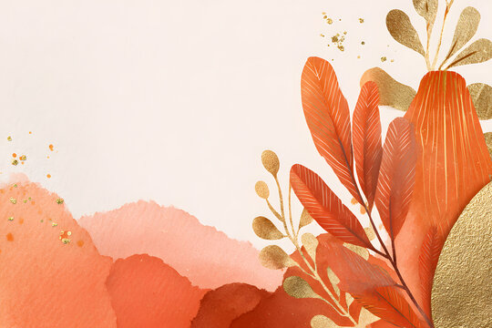Abstract autumn watercolor background with a gold leaf for a fall wedding invitation design