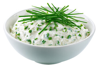 Creamy, chives-topped dip in a white bowl