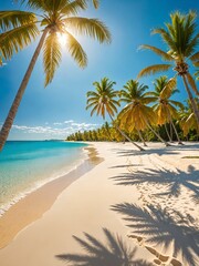 Obraz premium Pristine tropical beach with turquoise water, white sand, swaying palms, golden sunlight, clear sky, photorealistic, ultra sharp, perfect for commercial stock